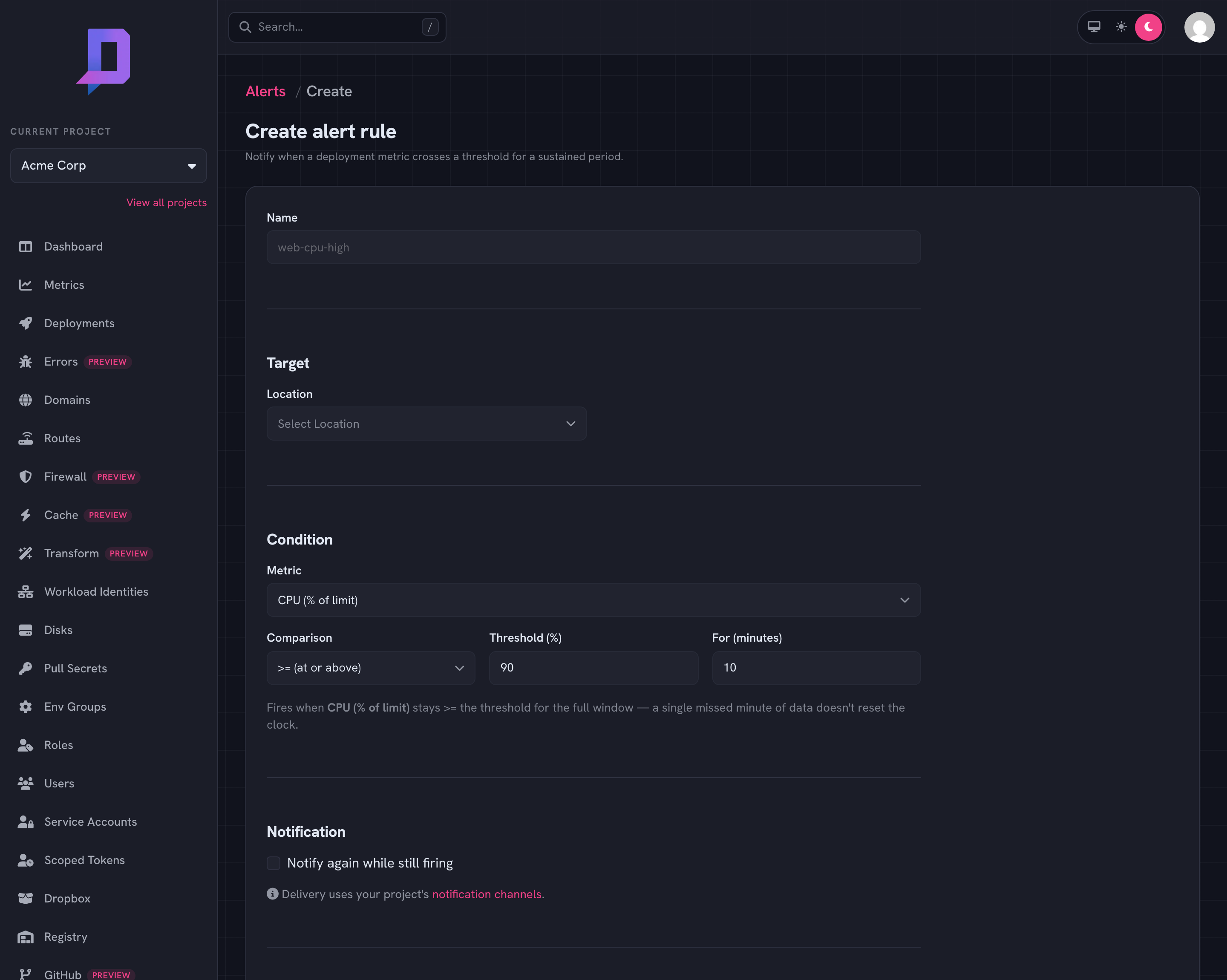 The create-alert-rule form