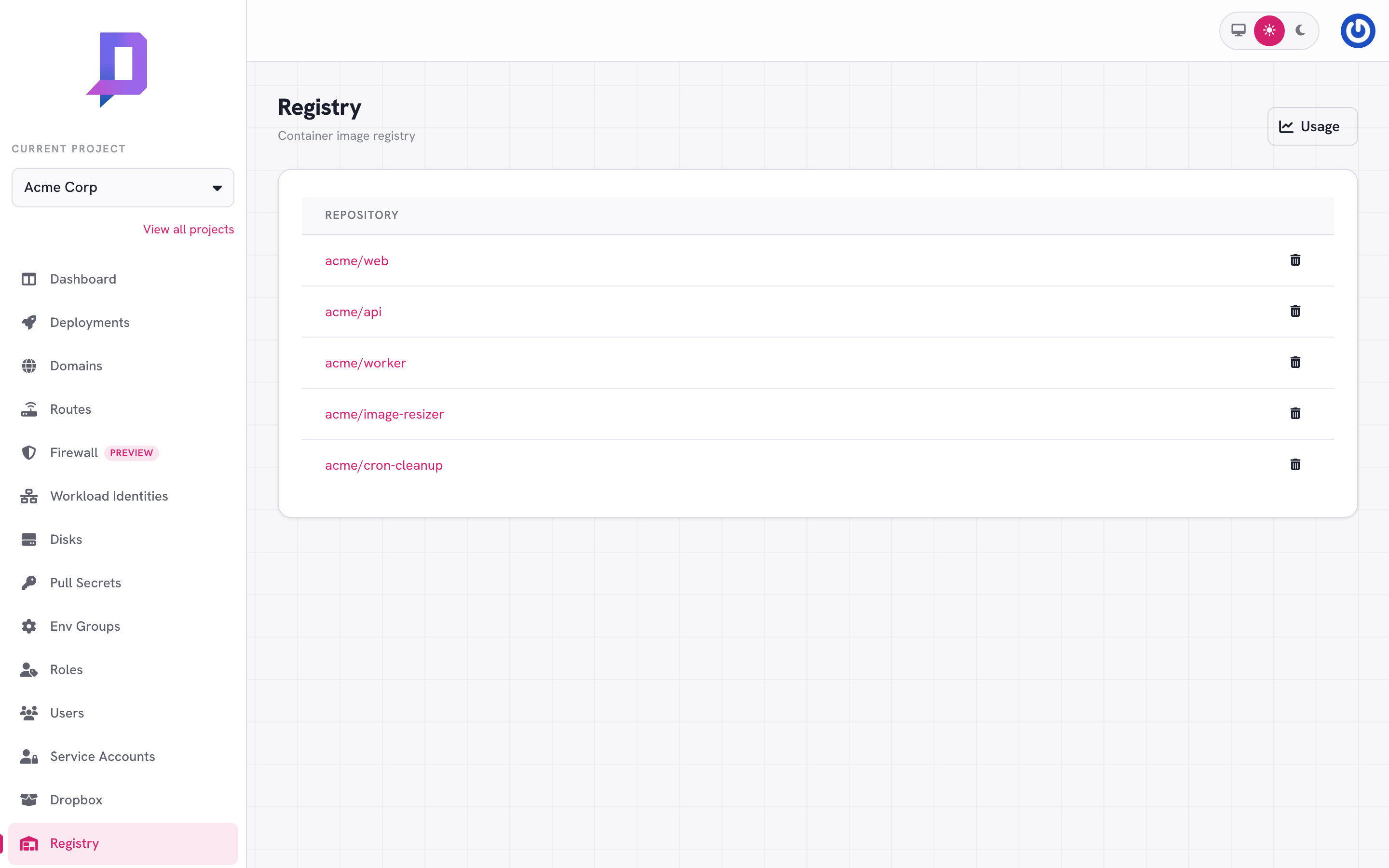Registry list with five repositories in the acme project