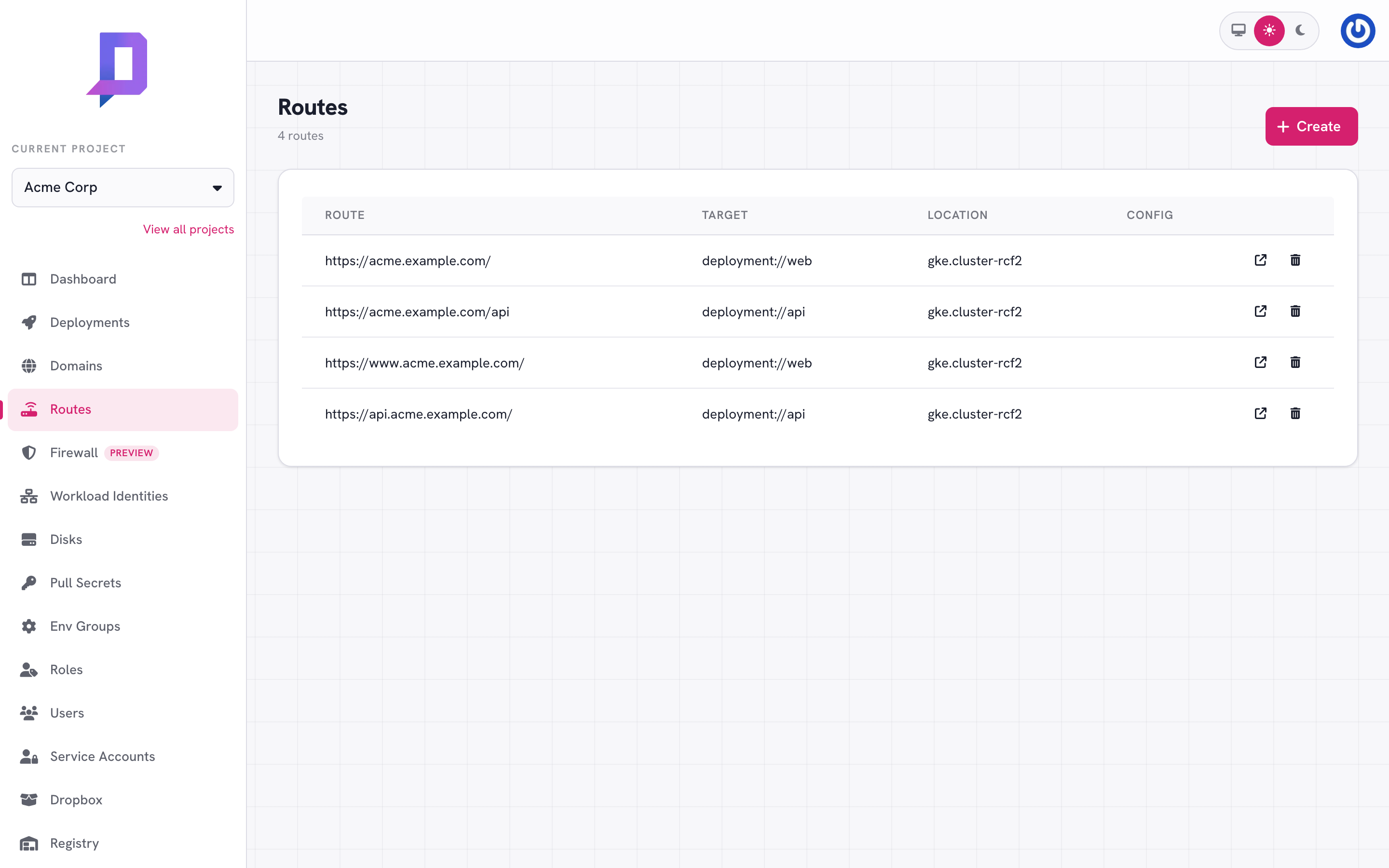 Four routes mapping acme.example.com and subdomains to web and api deployments